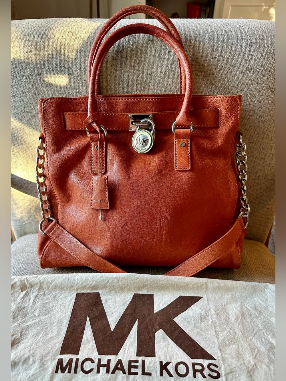 Michael Kors Y2K Era Large Hamilton Brown Orange Leather Bag Silver Hardware